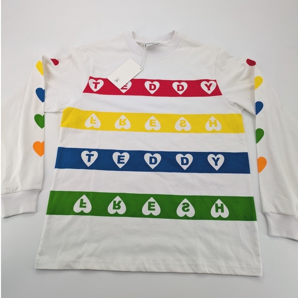 NWT The Teddy Fresh Pride White‎ Long Sleeve T-Shirt Small with Rainbow Hearts